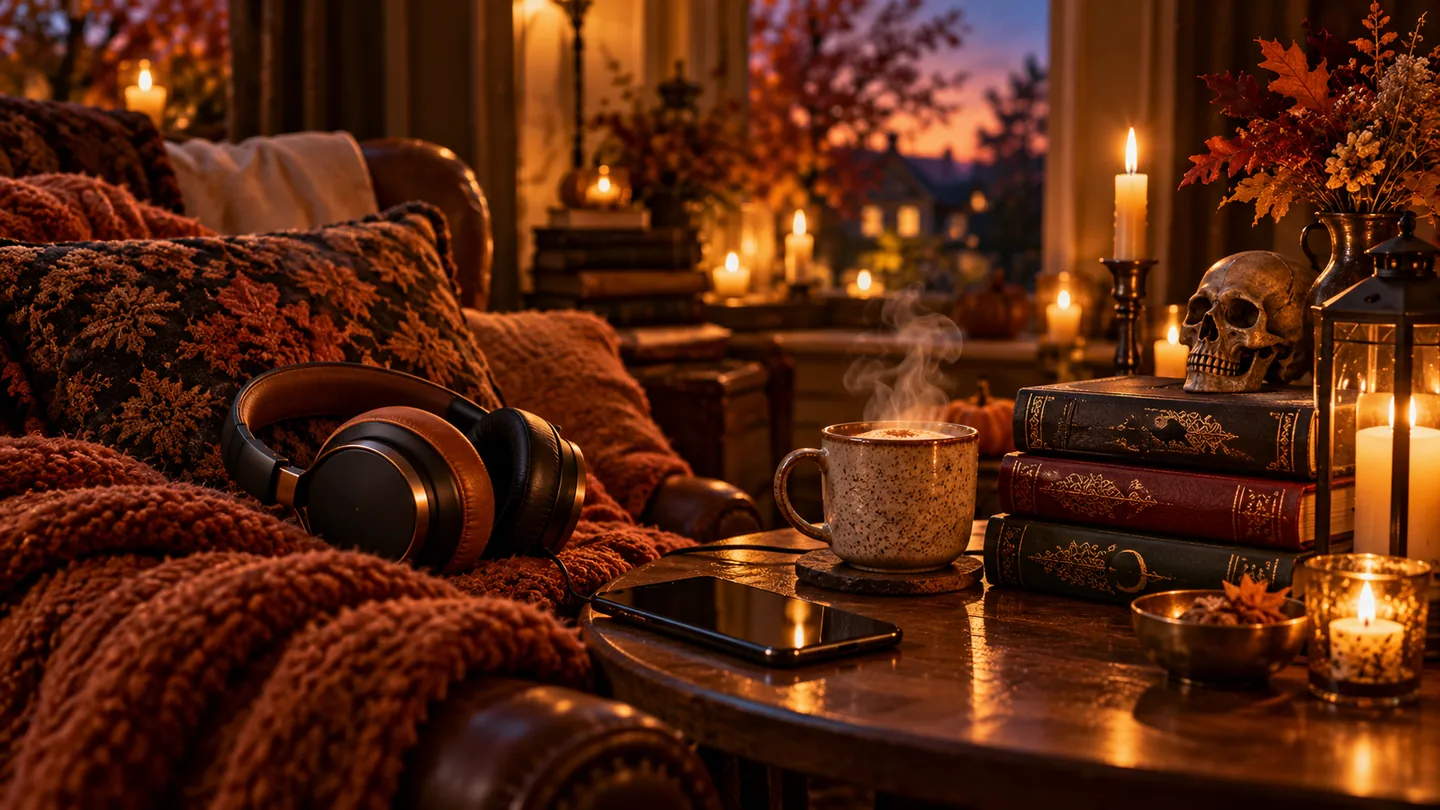 Over-ear headphones beside books and a mobile device in a candle-lit autumn reading scene.