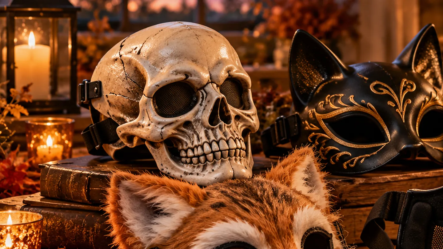 Decorative skull, cat and fox-style masks arranged together in a warm Halloween still life.
