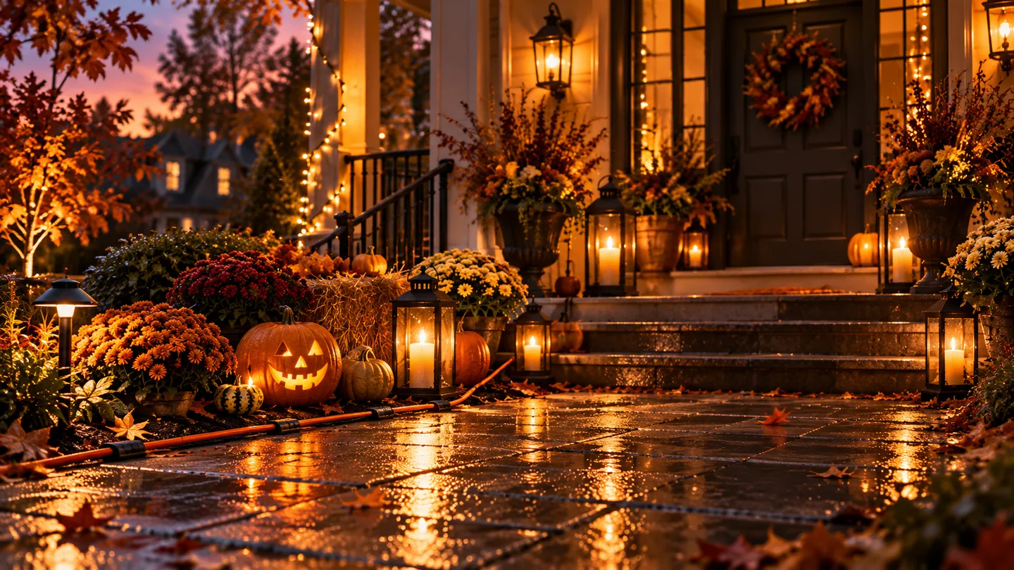 Pumpkins, lanterns and autumn flowers lining a wet path to a decorated home entrance.