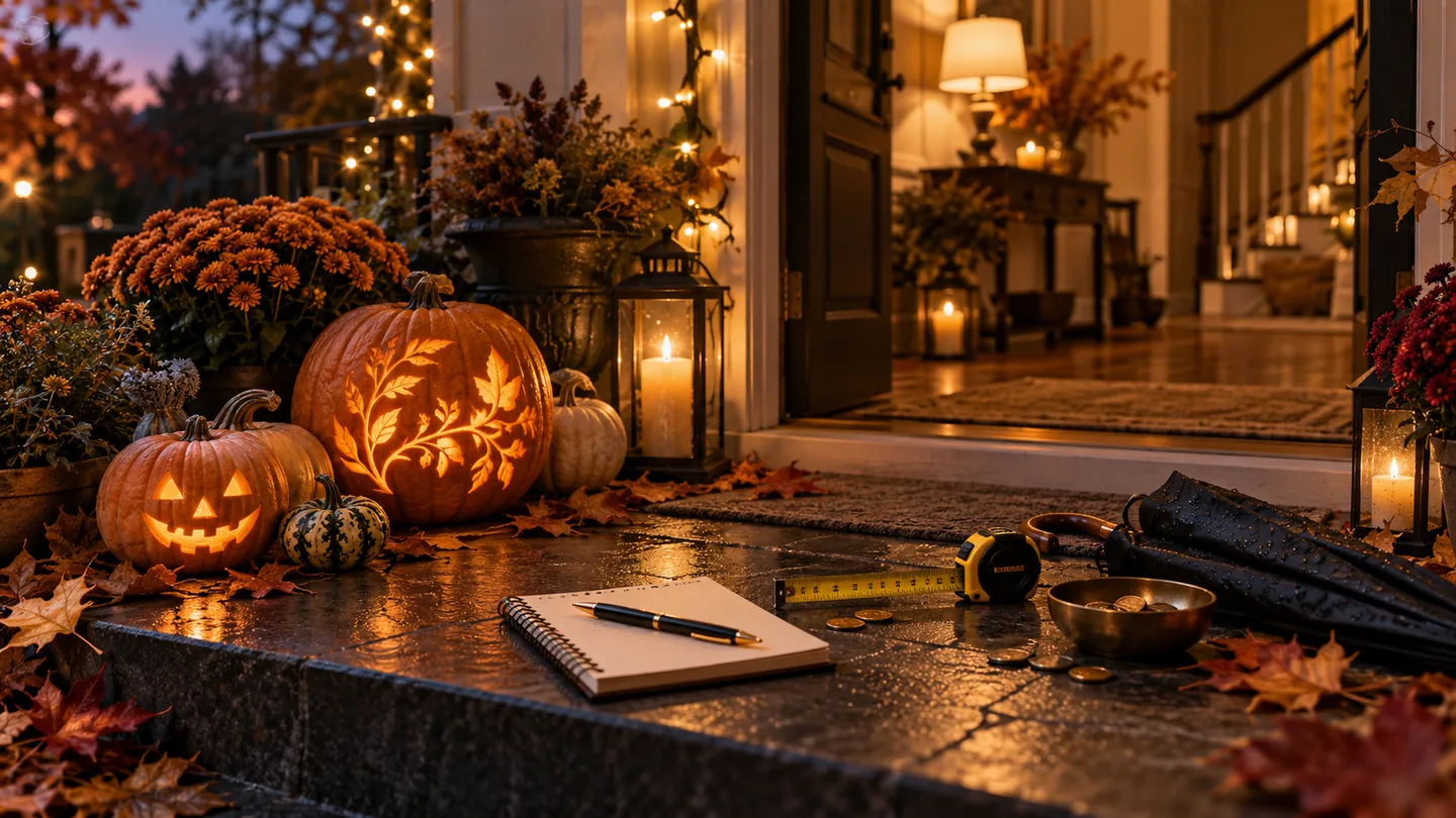 A small Halloween planning notebook and tape measure beside pumpkins on a warmly lit autumn porch.
